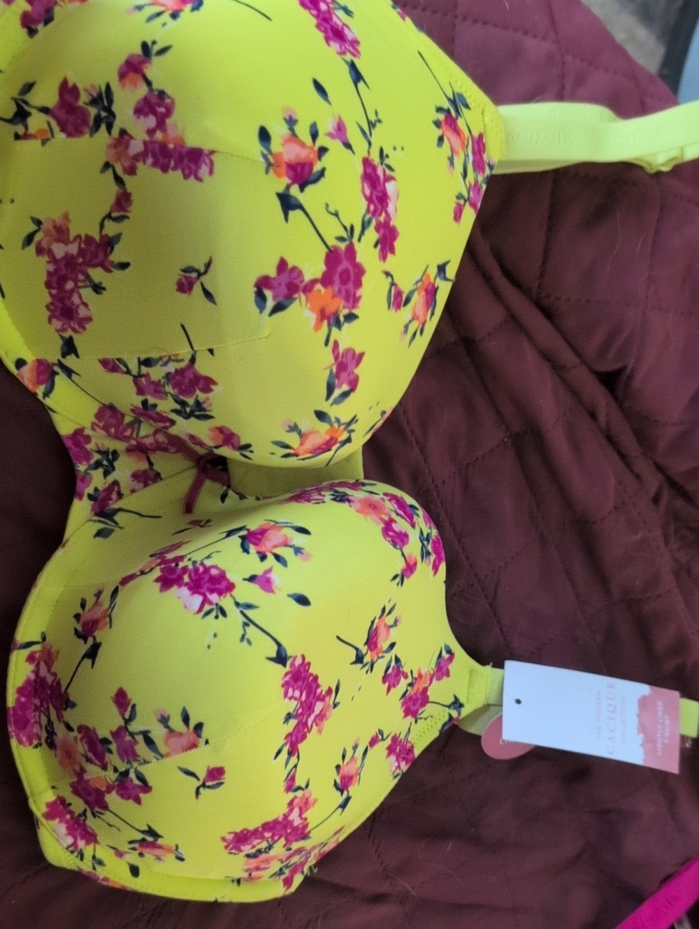 Cacique Yellow Floral Padded Bra with Pink & Green Accents